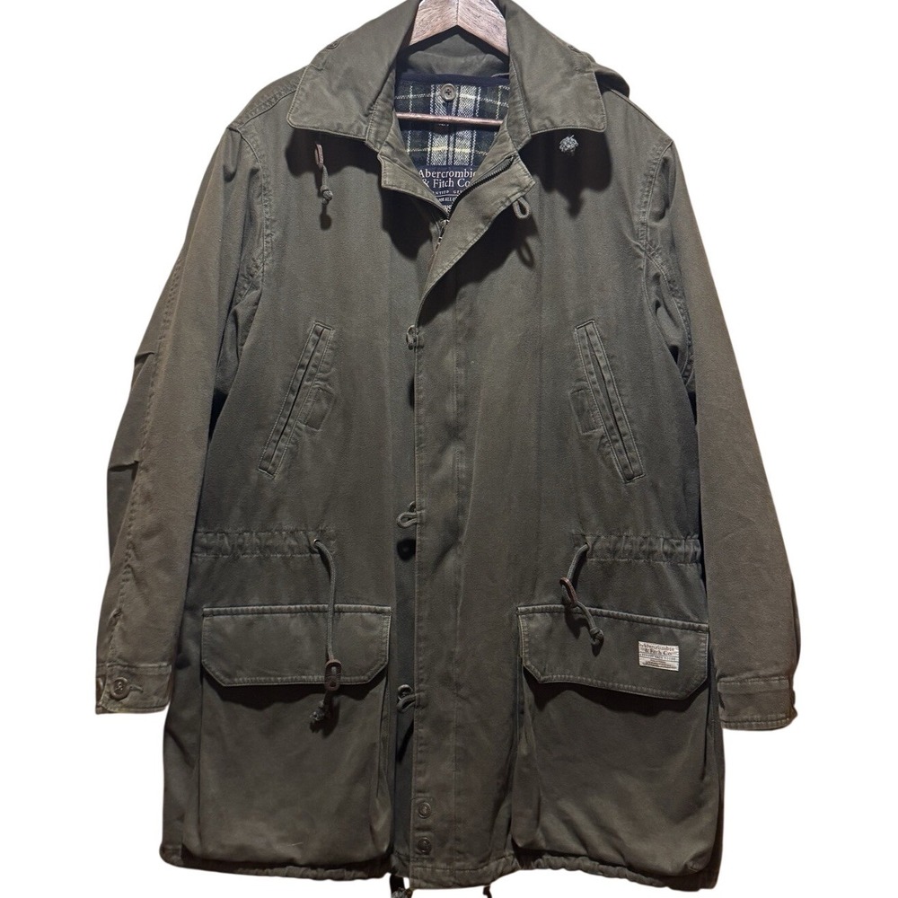Vtg‎ Abercrombie & Fitch Green Parka Wool Plaid Lining Men's Med Runs Big